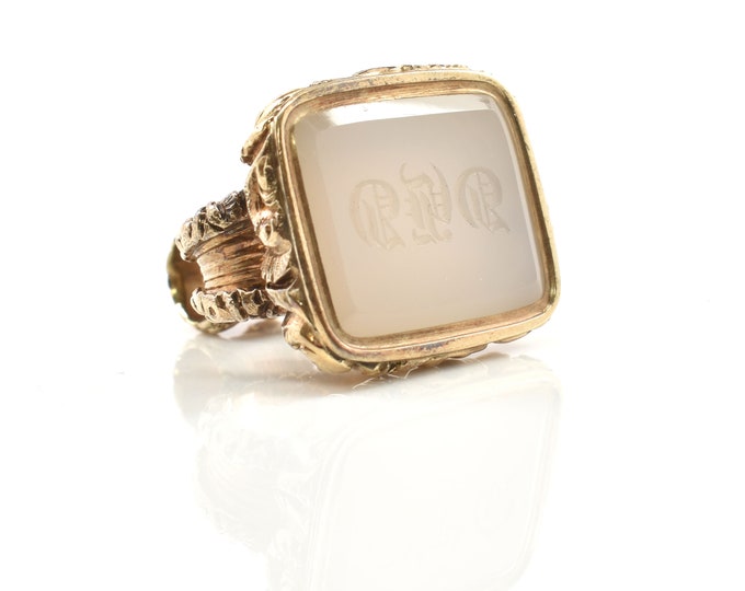 Antique Watch Fob Estate 14K Solid Yellow Gold Carved Natural White Chalcedony Pendant Monogrammed RPR Seal Holiday Gift