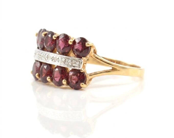 Vintage 14K Rhodolite Garnet Diamond Cocktail Ring Double Row Estate Gold Ring