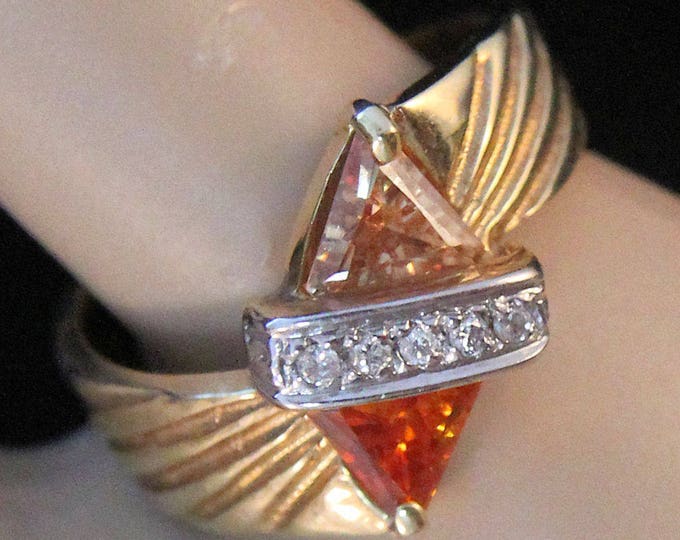 Estate 14K Yellow Gold Trillion Cut Orange Cubic Zirconia Diamonds Ring 5.28 Grams Size 6 November Birthstone Holiday Gift