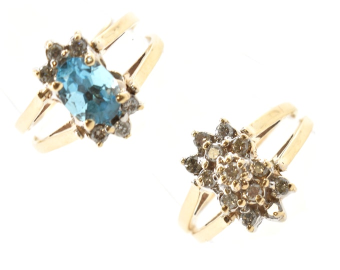Estate 2-in-1 Ring Vintage 14K Solid Yellow Gold Natural Diamonds Blue Topaz 1.86 Carats Total Size 7.5 December Birthstone Holiday Gift