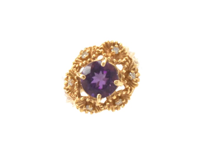 Estate Gemstone Ring Vintage 14K Solid Yellow Gold Natural Diamonds Synthetic Purple Sapphire Size 7.25 Holiday Gift