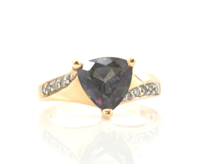 Estate Gemstone Ring Vintage 14K Solid Yellow Gold Natural Diamonds Trillion Cut Mystic Topaz 1.65 Carats Total Size 5.75 Holiday Gift