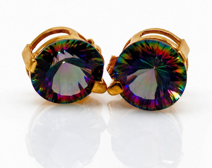 14K Gold Mystic Topaz Stud Earrings 8 Carat TW Estate Jewelry