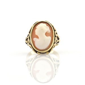 Estate Cameo Ring Vintage 14K Solid Yellow Gold Natural Carved Shell 0.19 Carats Total Weight Size 3 Holiday Gift