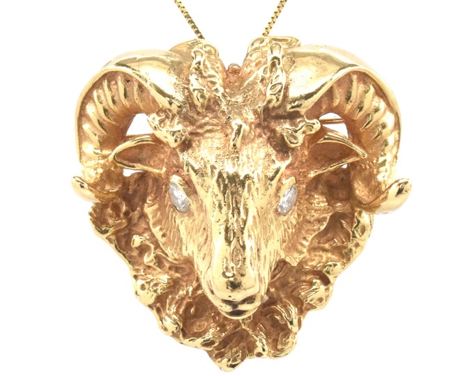 Estate Ram Pendant Vintage 14K Solid Yellow Gold Natural Diamonds Brooch Ramses UNC Chapel Hill April Birthstone Holiday Gift
