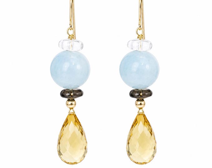 14K Gold Aquamarine Citrine Smoky Quartz White Topaz Dangle Earrings