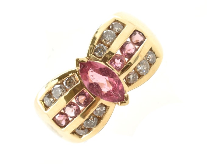 Estate Gemstone Ring Vintage 14K Solid Yellow Gold Natural Diamonds Pink Tourmalines 1.6 Carats Size 6 October Birthstone Holiday Gift