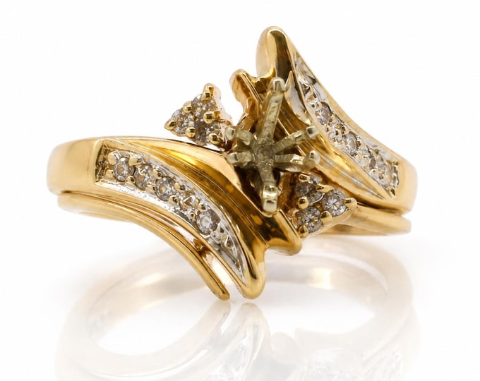 Vintage 14K Yellow Gold Diamond Ring Set, Size 5.5, Estate Bridal Jewelry