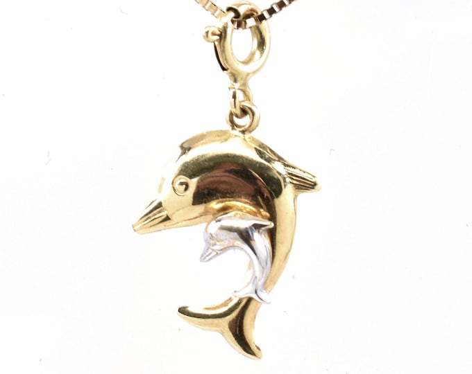 Estate Gold Charm Vintage 14K Solid Yellow and White Gold Jumping Dolphin Mother and Baby Pendant Spring Ring Clasp Holiday Gift