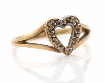 Vintage 10K Yellow Gold Heart Ring with Diamonds, Size 5.75