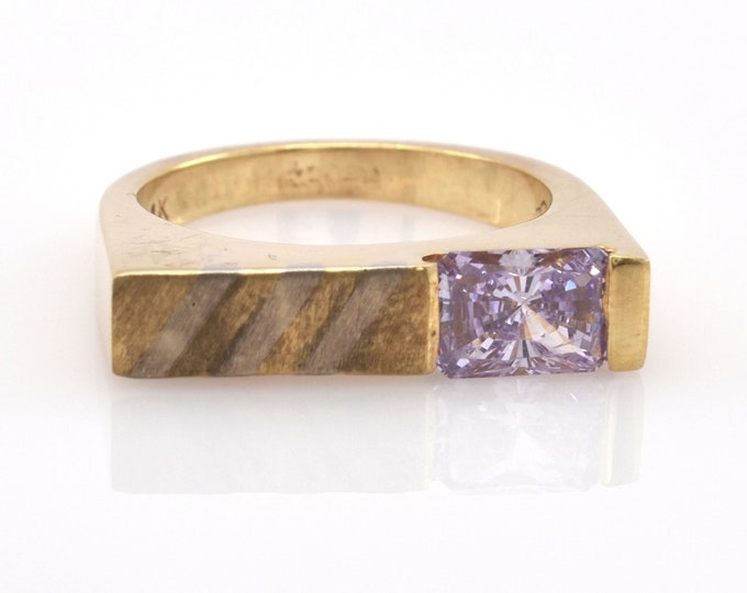 14K Solid Yellow Gold Amethyst Ring Vintage Estate Emerald Cut Lilac Cubic Zirconia Synthetic Over 6 Grams February Birthstone Gift