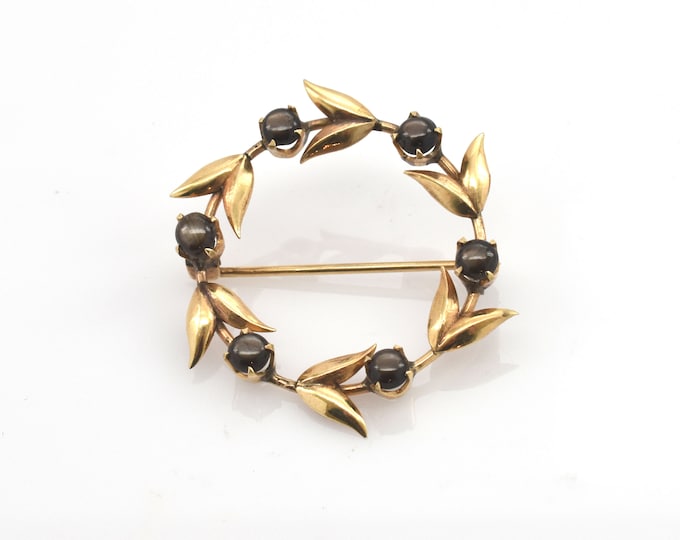 Estate Sapphire Brooch Vintage 14K Solid Yellow Gold Natural Black Star Sapphires Wreath Pin Nearly 3 Carats Total Weight Holiday Gift