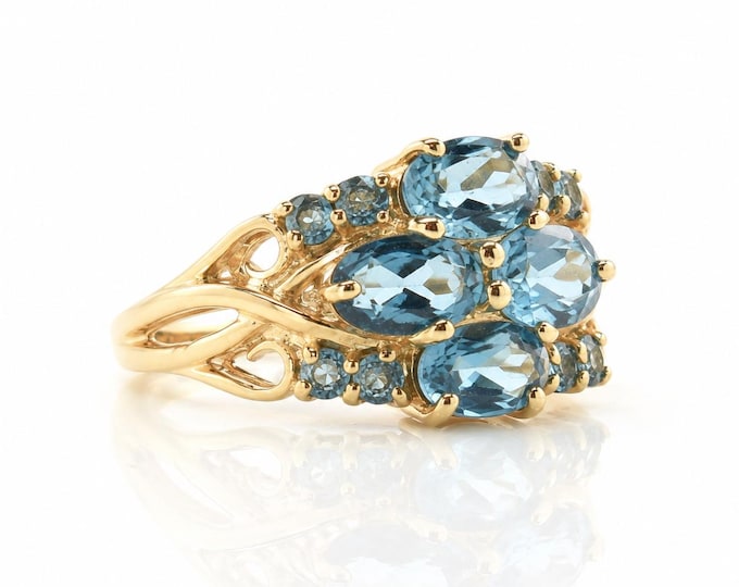 Vintage 14K Gold Blue Topaz Floral Cluster Cocktail Ring Size 5.75