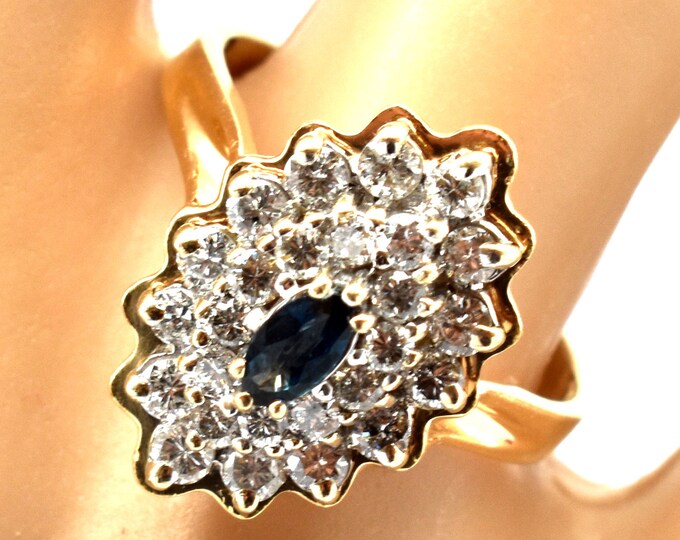 14K Solid Yellow Gold Natural Diamonds Sapphire Ring Vintage Estate Marquise Round Nearly 1 Carat Size 6.5 September Birthstone Gift