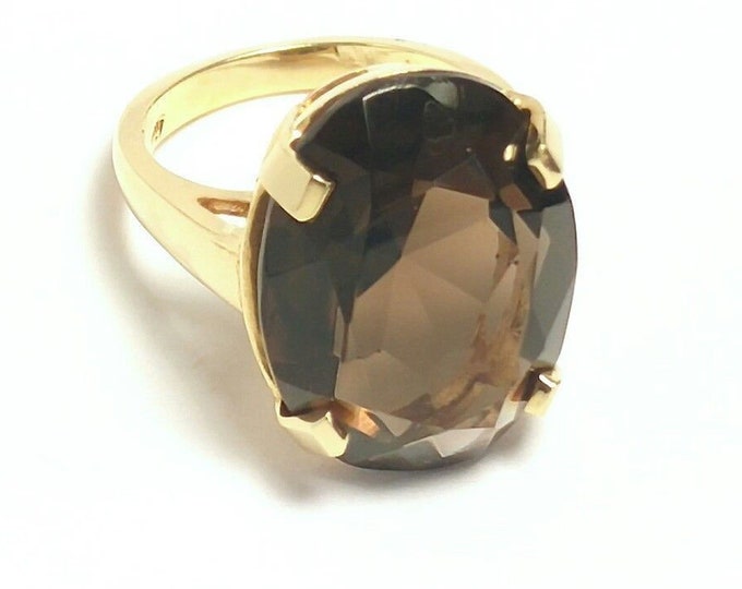 Vintage 14K Gold Smoky Quartz Cocktail Ring Large Oval Statement Estate Piece