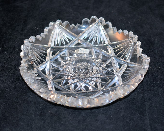 Antique Cut Glass Bowl American Brilliant Period Hobstar Brunswick Star Fan Pattern Scalloped Saw Tooth Edge Holiday Gift
