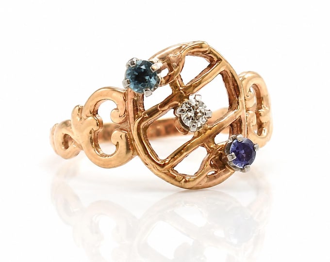 Estate 14K Gold Ring with Aquamarine, Blue Topaz, and Diamond, Size 6.25