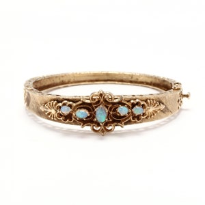 Estate Opal Bracelet Vintage 14K Solid Yellow Gold Natural Opals Hinged Bangle Over 1 Carat Total Weight 6.5 Inches Holiday Gift