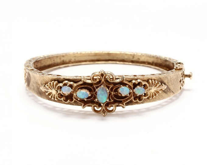 Estate Opal Bracelet Vintage 14K Solid Yellow Gold Natural Opals Hinged Bangle Over 1 Carat Total Weight 6.5 Inches Holiday Gift
