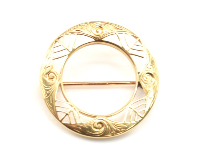 Estate Gold Brooch Vintage 14K Solid Yellow Gold Circle Pin Open Work Filigree Holiday Gift