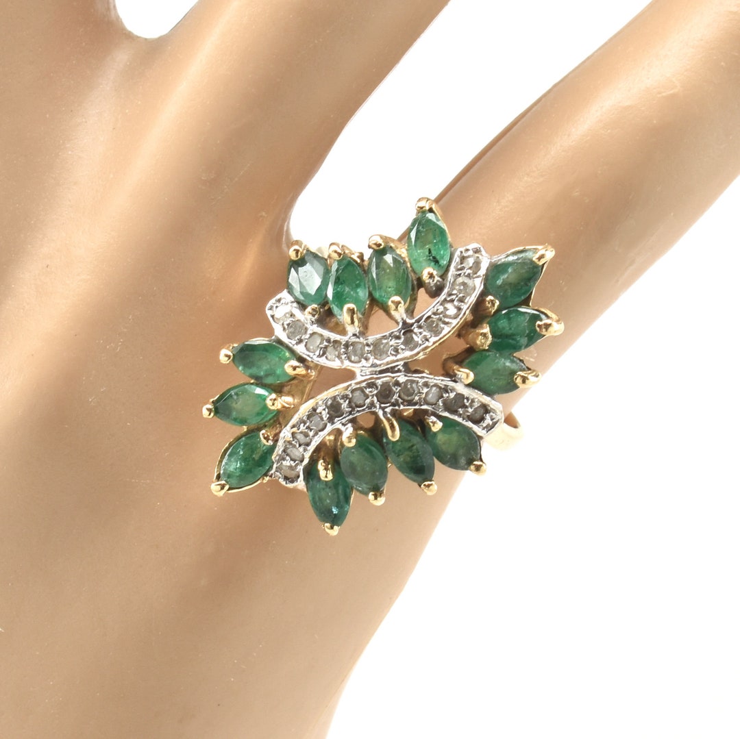 Estate Gemstone Ring 14K Solid Yellow Gold Natural Diamonds Emeralds 2.