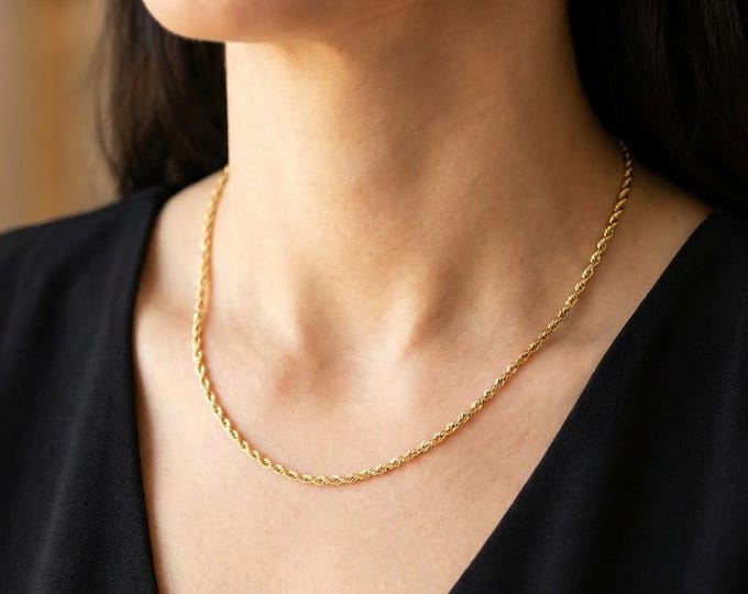 Vintage 14K Solid Yellow Gold Twisted Rope Chain Necklace, 18 Inch