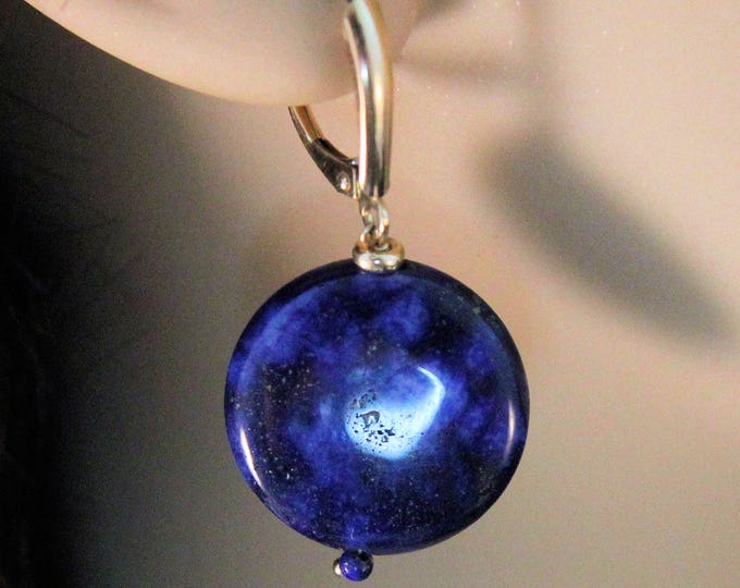 Estate Pair 14K Yellow Gold Lapis Lazuli Disk Drop Dangle Earrings 8.51 Grams Holiday Gift