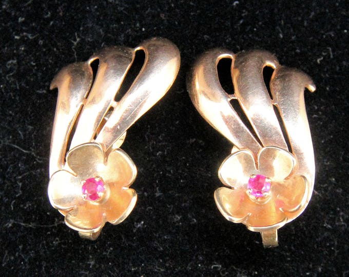 Estate 14K Yellow Gold Flowers Floral Ruby Clip Earrings .3 Carats Total Weight CTW 9.31 Grams July Birthstone Holiday Gift
