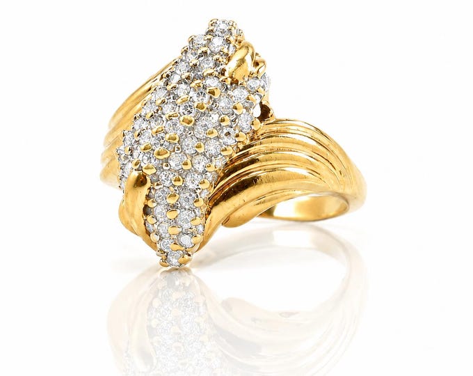 Vintage 14K Gold Diamond Cluster Bypass Ring Statement Cocktail Ring, Size 7.5