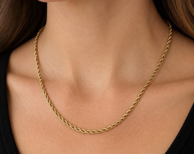 Vintage 14K Solid Gold Twisted Rope Chain Necklace, 18.5 Inches Long