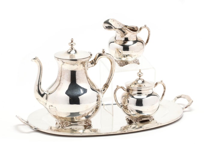 Estate Silver Coffee Service Vintage 925 Solid Sterling Silver Two Handle Tray Coffee Pot Creamer Sugar with Lid Holiday Gift