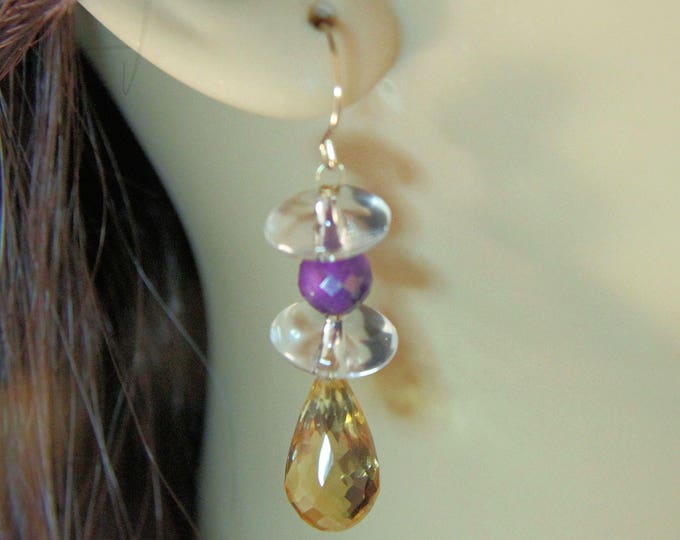 Estate Pair 14K Yellow Gold Citrine Amethyst White Topaz Drop Dangle Earrings 28 Carats Total Weight 5.78 Grams Holiday Gift