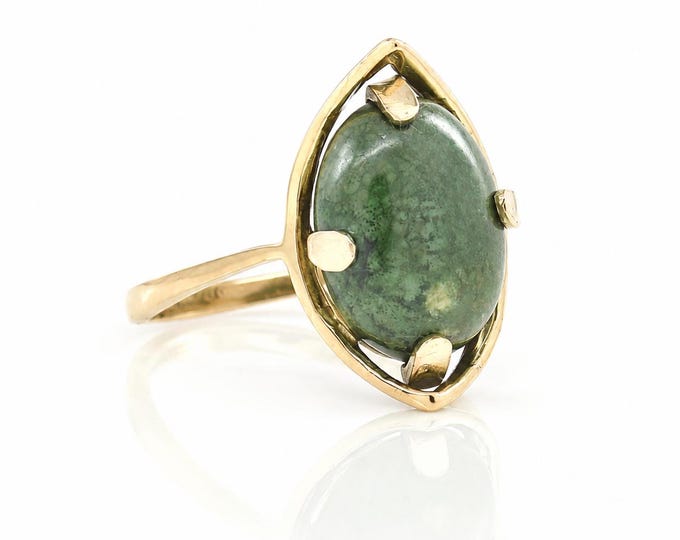 Vintage 14K Gold Moss Agate Ring Mid Century Modern Size 6.75