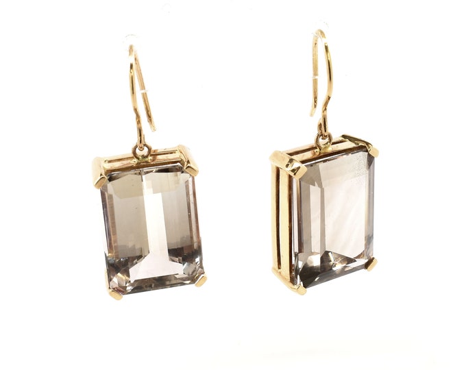 Estate Quartz Earrings Vintage 14K Yellow Gold Natural Smoky Quartz Drop Dangle 27.24 Carats Total Weight Holiday Gift