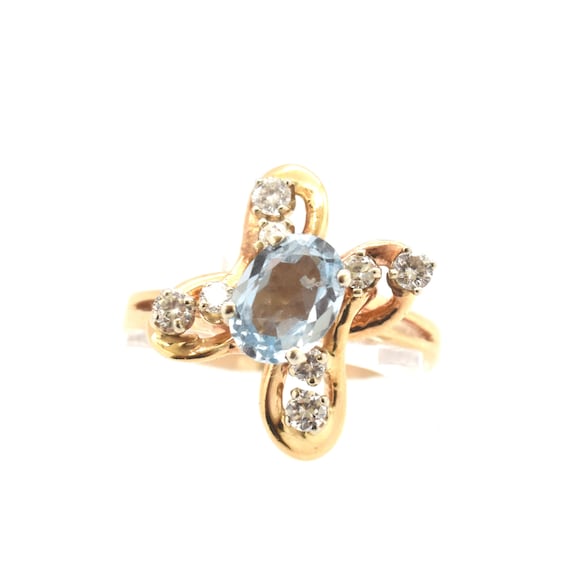 Estate 14K Yellow Gold Sky Blue Topaz Diamond Ring, December Birthstone