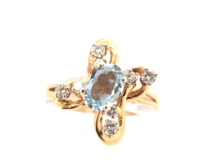 Estate 14K Solid Yellow Gold Natural Diamonds Sky Blue Topaz Ring Nearly 2 Carats Total Weight December Birthstone Holiday Gift