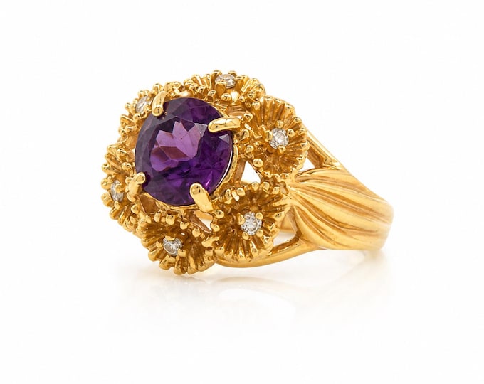 Estate 14K Yellow Gold Ring: Synthetic Purple Sapphire, Natural Diamond Accents
