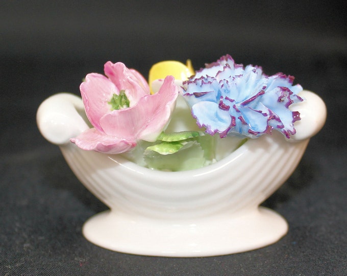 Royal Doulton White Footed Two Handled Bowl or Basket of Three Flowers Roses Carnation Pink Yellow Blue Holiday Gift