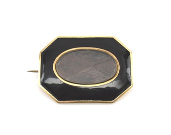 Victorian 14K Gold Mourning Brooch with Hairwork and Black Enamel