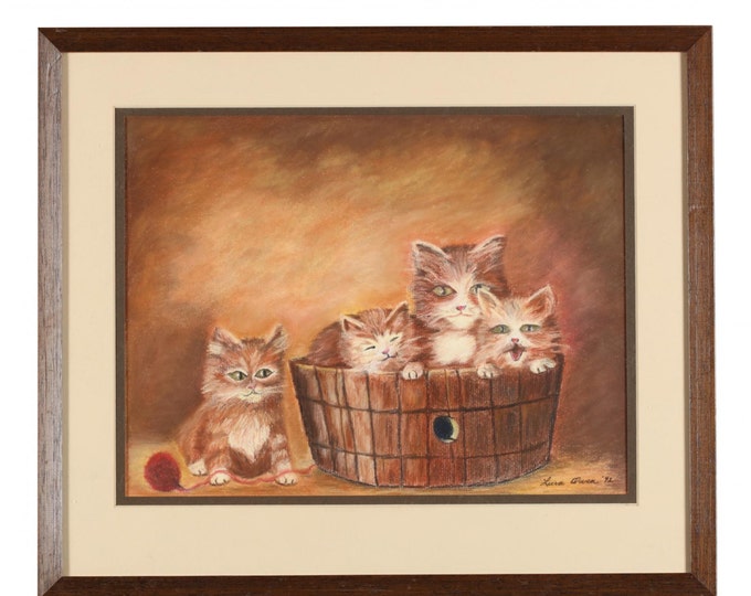 Estate Cats Portrait Vintage 1972 Barrel of Kittens Pastel on Paper Framed Under Glass Signed Lura Owen (NC, 1929-2016) Holiday Gift
