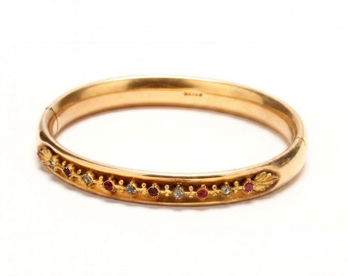 Estate 14K Yellow Gold Red and White Stones Hinged Bangle Bracelet Signed W&S Blackington Nearly 7 Inches 22 Grams Holiday Gift