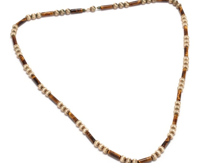 Estate Tiger's Eye Necklace Vintage 14K Solid Yellow Gold Natural Stone Holiday Gift
