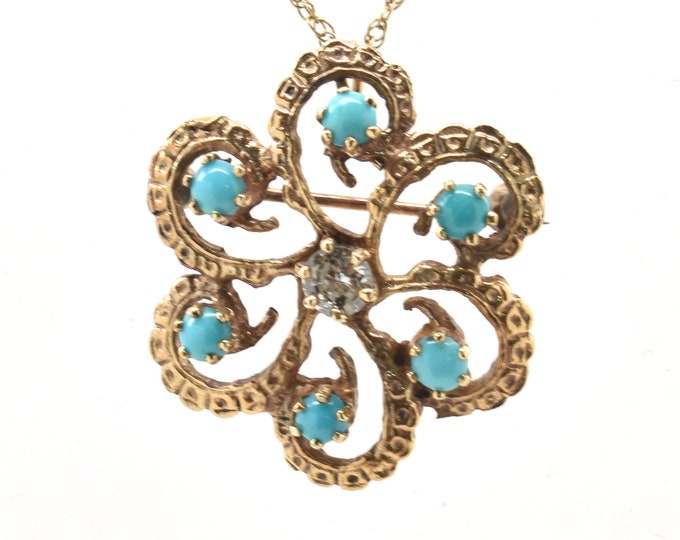 Estate Gemstone Pendant Vintage 14K Solid Yellow Gold Natural Diamond Turquoise Brooch Nearly 1 Carat Total December Birthstone Holiday Gift
