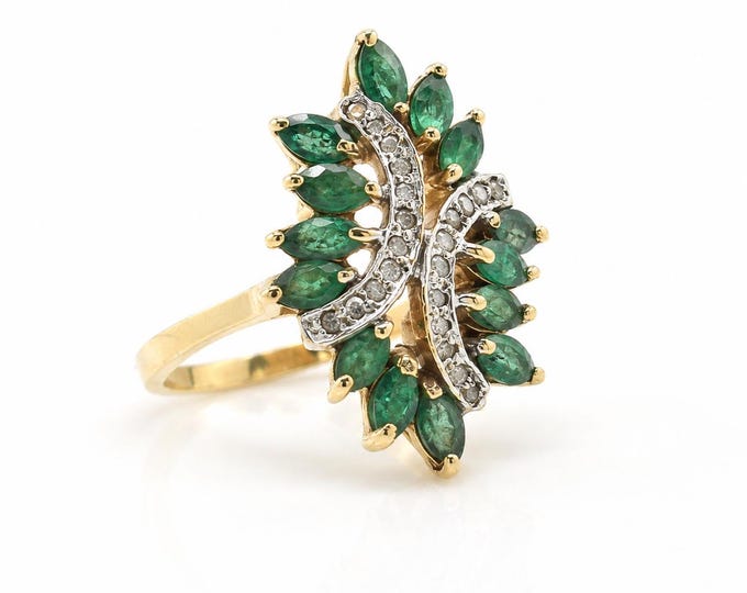 Estate 14K Gold Emerald & Diamond Ring, Size 5.25