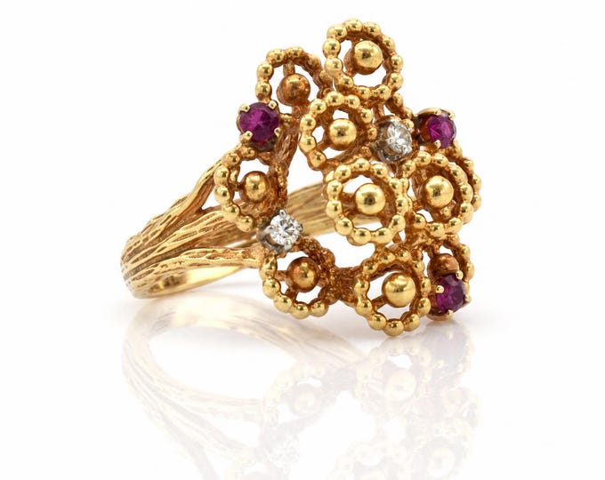 Vintage 14K Gold Ruby Diamond Floral Cluster Ring Organic Design, Size 6