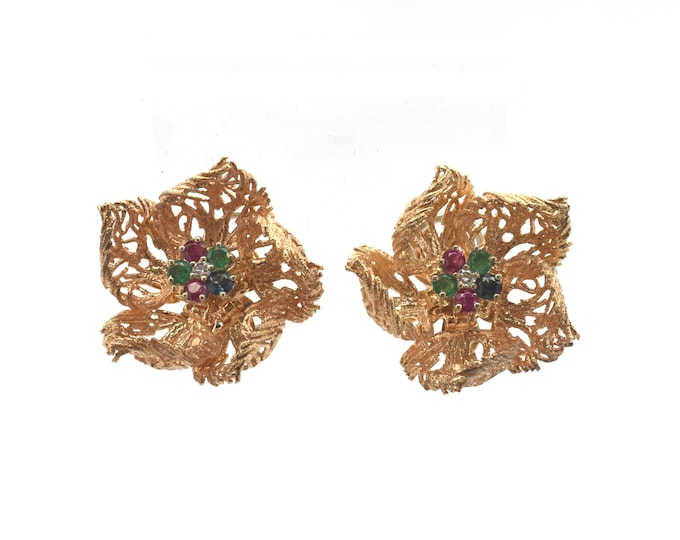Estate Gemstone Earrings Vintage 14K Solid Yellow Gold Natural Diamonds Rubies Sapphires Emeralds 1.228 Carats Total Clip On Holiday Gift