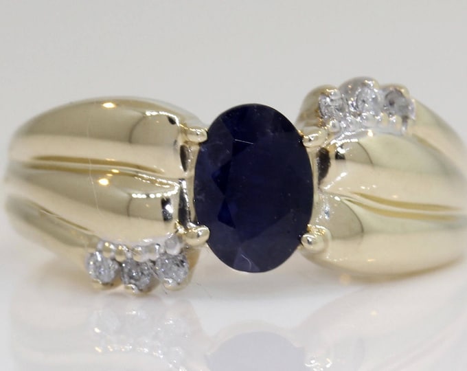 Estate Gemstone Ring Vintage 10K Solid Yellow Gold Natural Sapphire Diamonds 1.06 Carats Total Size 6 September Birthstone Holiday Gift