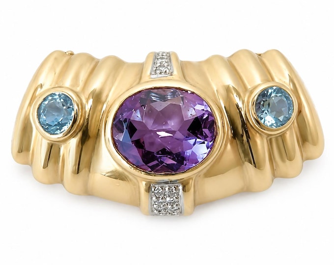 Estate 14K Yellow Gold Amethyst Blue Topaz Diamond Brooch Pin 9.7g