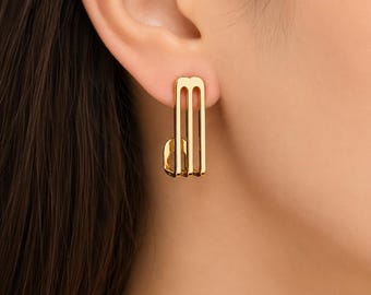 Orecchini in oro vintage, coppia di orecchini a cerchio J con design angolare, in oro giallo massiccio 14 carati, spedizione veloce, regalo per le feste