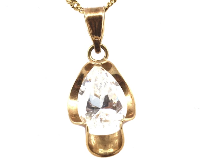 Estate Gold Pendant Vintage 14K Solid Yellow Gold Diamonique Cubic Zirconia Nearly 3 Carats Pear Solitaire April Birthstone Holiday Gift
